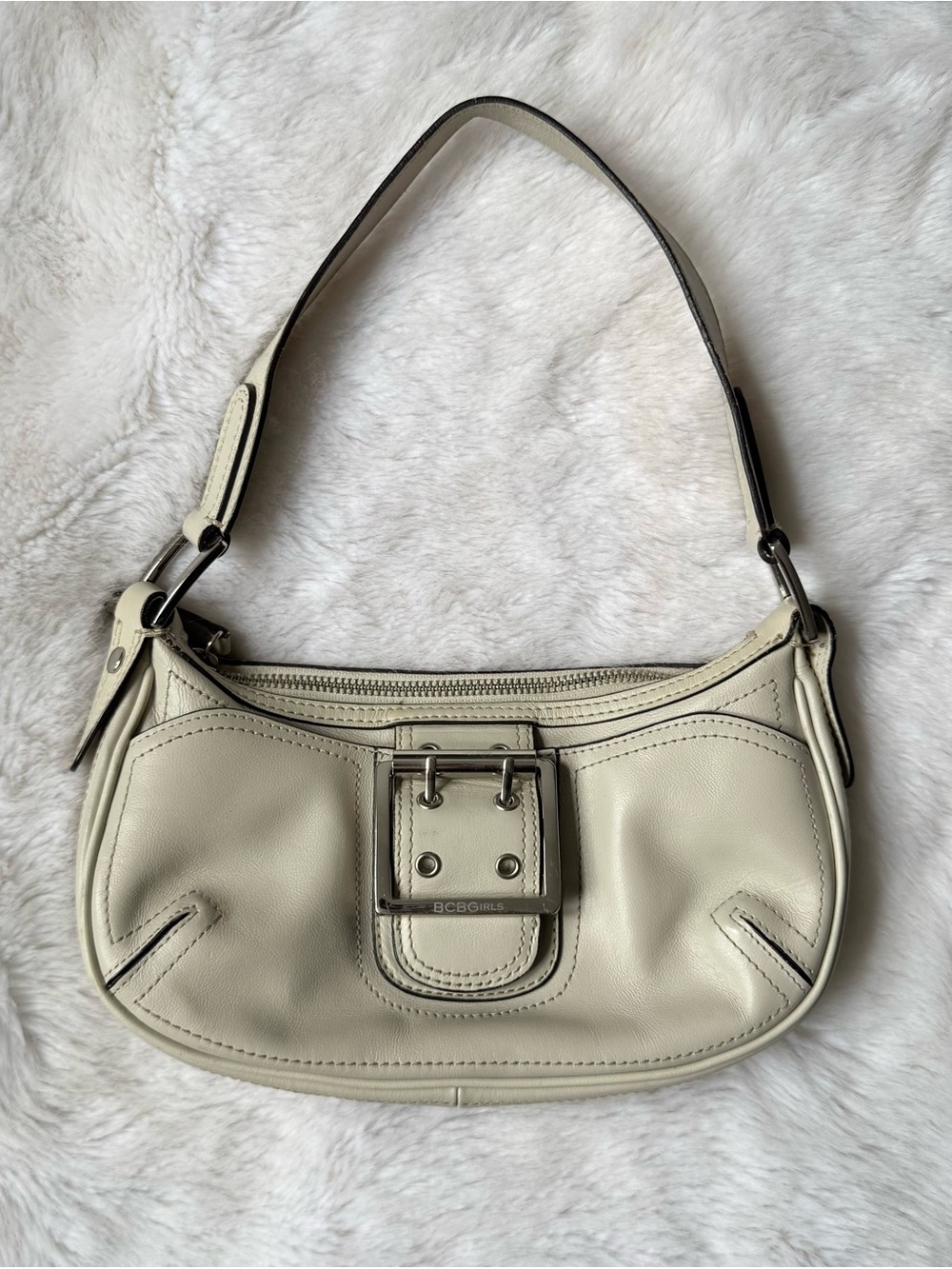BCBGirls Cream Mini Shoulder Bag with Buckle Accent